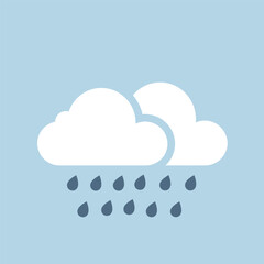 A simple flat vector illustration of two white clouds with dark blue raindrops falling against a light blue sky.