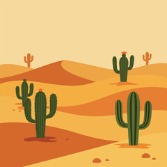 A vibrant vector illustration of a desert landscape with rolling sand dunes and saguaro cacti under a clear sky.