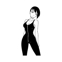 Black and white hot anime character line art illustration, stylish minimal outline drawing in clean style
