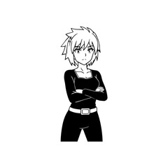 Black and white hot anime character line art illustration, stylish minimal outline drawing in clean style