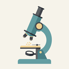 A flat vector illustration of a teal laboratory microscope used for scientific research and discovery.
