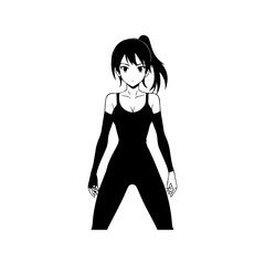 Black and white hot anime character line art illustration, stylish minimal outline drawing in clean style