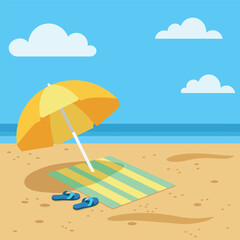 Beach scene with umbrella, towel, and flip-flops on the sand.