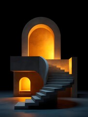 Fototapeta premium Abstract architecture with arches and stairs illuminated by warm light on black background