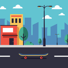 A flat design illustration of a skateboard on an empty city street with buildings and streetlights under a blue sky.