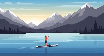 Man Paddleboarding on Mountain Lake at Sunrise.
