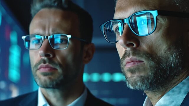 Strategic Focus: Two astute individuals, engrossed in analyzing intricate data on a large screen, epitomize sharp minds and unwavering dedication. This image radiates intelligence, concentration.