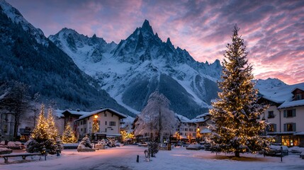 Explore winter wonderland chamonix france christmas trees snow capped mountains at sunset scenic landscape view