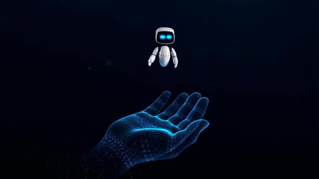 white Ai agent with blue accents is floating above an outstretched hand made of glowing blue digital lines and nodes