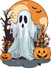 halloween illustration with pumpkin and witch