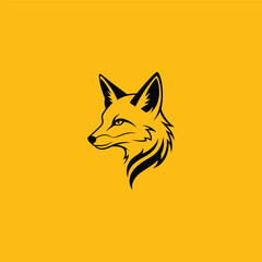 Obraz premium Minimalist vector illustration of a fierce fox head, a bold graphic mascot emblem on a yellow background.