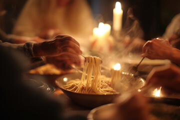 Twirling spaghetti at a cozy family dinner in soft candlelight
