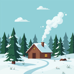 Fototapeta premium Winter cabin scene with snow-covered ground and smoking chimney.
