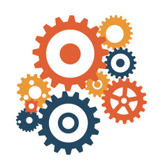 Interlocking gears and cogs graphic design element. Flat vector icon symbolizing machinery, engineering, system, and innovation on a white background