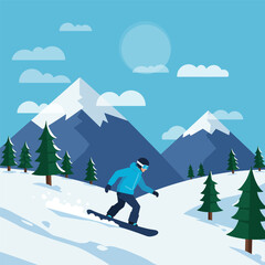 Illustration of a snowboarder riding down a snowy mountain landscape with evergreen trees and a bright sun