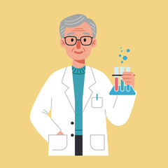 An elderly male scientist in a white lab coat holding a bubbling flask and test tubes for a chemical experiment. Vector character illustration