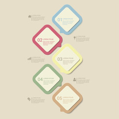Colorful diamond shaped infographic elements arranged in a vertical flow chart with text placeholders and icons