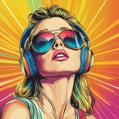 Pop art retro style pretty blonde young woman wearing headphones and sunglasses on vibrant colorful background. Created with, Generative AI