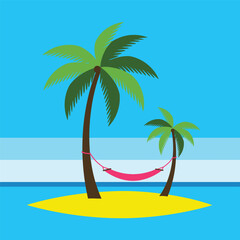 A cartoon illustration of a tropical desert island with two palm trees and a pink hammock.