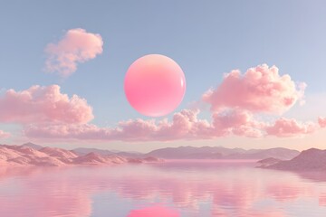 Fototapeta premium Pink orb floating over pastel landscape pastel clouds