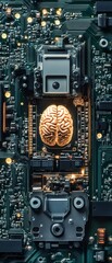 Fototapeta premium Intricate circuit board with a symbolic brain centerpiece, representing artificial intelligence and advanced technology innovation.