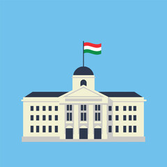 Flat vector illustration of a classical white building with a dome and the Hungarian flag on top, set against a blue background.
