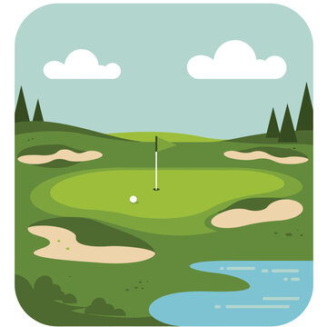 A vector illustration of a scenic golf course green with a flag, ball, sand traps, and a water hazard under a clear sky.