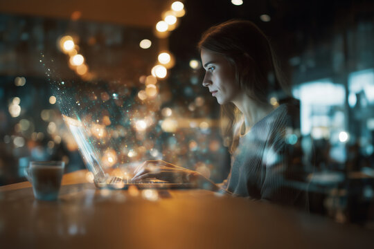 Innovative remote worker using augmented reality at a cozy cafe setting