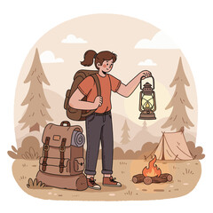 Illustration of a woman camping with a lantern and backpack.