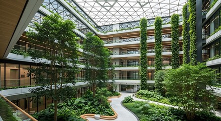 Modern office building atrium with a lush indoor garden and a geometric glass dome roof.