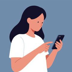 A young woman with dark hair wearing a white t-shirt, looking at her smartphone and touching the screen with her finger.