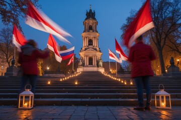 Obraz premium Warsaw Monument in Red-White Light, Night