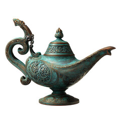 Fototapeta premium Genie lamp in patinated bronze with ornate filigree lid and curled handle, isolated on transparent background. 