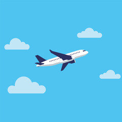 Airplane flying in the sky with clouds on a sunny day.