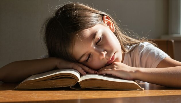 Child peacefully sleeping on book indoors
