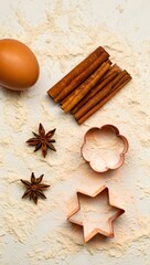 Gingerbread baking ingredients arranged beautifully on a floured surface top view shot