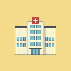 Flat design illustration of a hospital building with a red cross on a yellow background, depicting a modern healthcare facility.