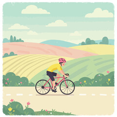 Naklejka premium A person cycles through a picturesque countryside with rolling hills and fields under a cloudy sky.