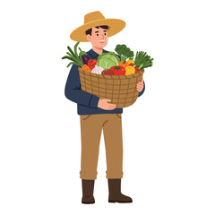 A smiling male farmer wearing a straw hat, blue jacket, and brown pants, holding a large wicker basket overflowing with fresh, colorful vegetables.