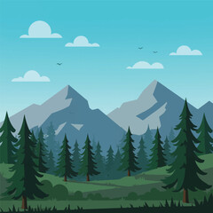 A serene landscape illustration featuring mountains, evergreen trees, clouds, and a clear blue sky.