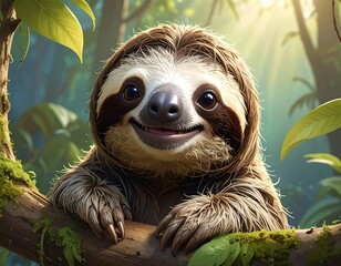 Fototapeta premium Happy sloth in a lush jungle
