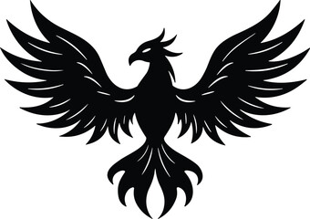 Black silhouette of phoenix with wide wings, flame-like tail feathers, crest, and detailed plumage symbolizing rebirth and immortality