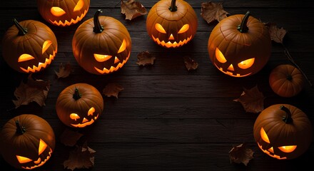 Jack o lantern border frame for Happy halloween concepts. Spooky halloween border frame background full of scary pumpkins and dried leaves in top view flat lay style
