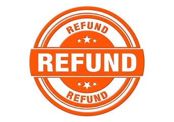 Orange circular stamp with the word R E F U N D repeated refund seal