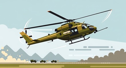 Fototapeta premium Military Helicopter in Flight Over a Landscape.