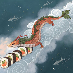 A whimsical sushi dragon soars through a misty soy sauce sky, blending fantasy, food art