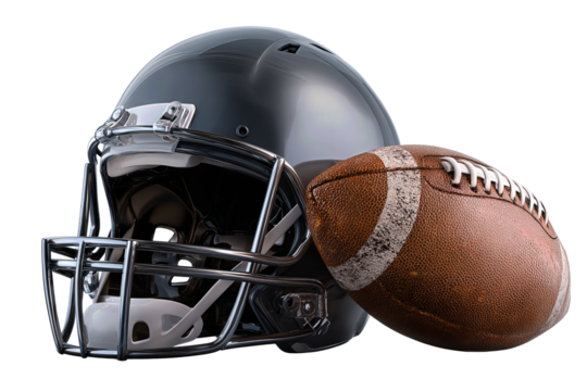 Matte black football helmet with chrome facemask and ball leaning against it, isolated on transparent background.
