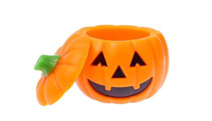 A vibrant Halloween jack-o'-lantern with a carved face and an open top, perfect for the spooky season.