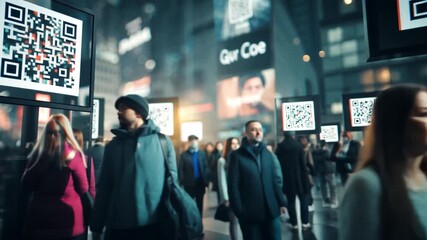 Scan and Explore: A bustling urban scene where individuals navigate through a digital landscape illuminated by QR codes, symbolizing the intersection of technology and modern city life. - Powered by Adobe
