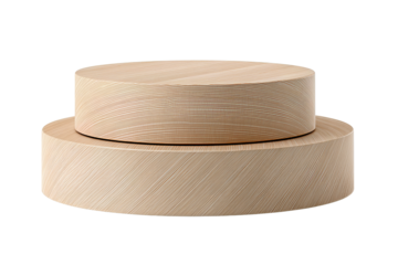 Round beech wood pedestal with stacked beveled platforms and grain rings, isolated on transparent background.
